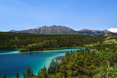 Scenic view of lake and mountains against clear blue sky