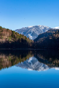 Scenic view of lake and mountains against clear blue sky