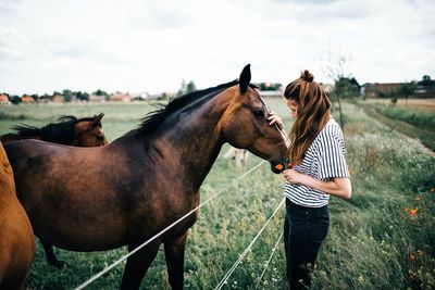 Woman touching horse while standing on grassy field