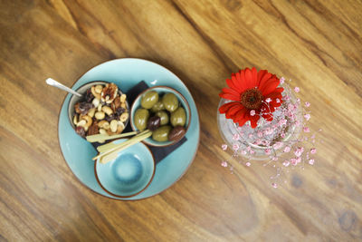 High angle view of fruits in bowl on table