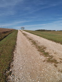 Dirt road amidst field against sky