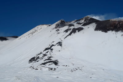 Scenic view of snowcapped mountains against clear blue sky