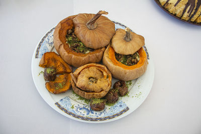 High angle view of dessert served on table