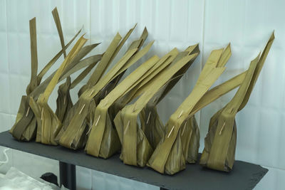 High angle view of bread on table against wall