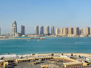 Panoramic view of sea and buildings against clear sky