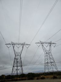 Low angle view of electricity pylon on field against sky