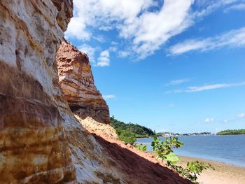 Rock formations by sea against sky