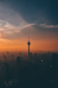 Silhouette buildings in city during sunset