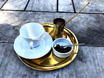 High angle view of tea cup on table