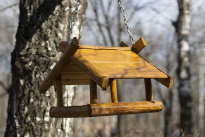 Close-up of birdhouse on tree trunk