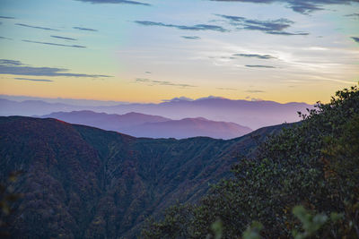 Scenic view of mountains against sky during sunset