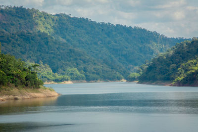 Scenic view of lake by trees against sky