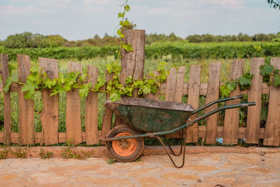 Wheelbarrow against wooden fence with farmland in the background.