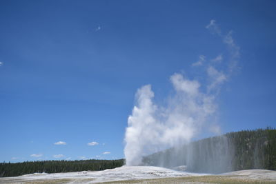 Scenic view of waterfall against blue sky
