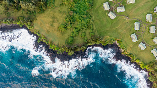 Aerial view of houses on field by sea 