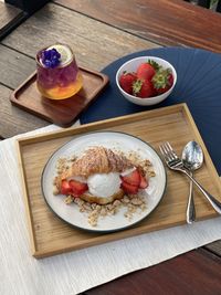 High angle view of breakfast served on table