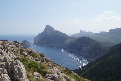 Scenic view of sea and mountains against clear sky