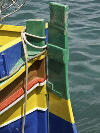 High angle view of multi colored boats moored in lake