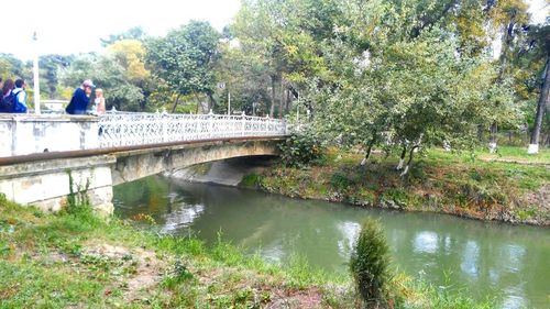 Bridge over river against trees