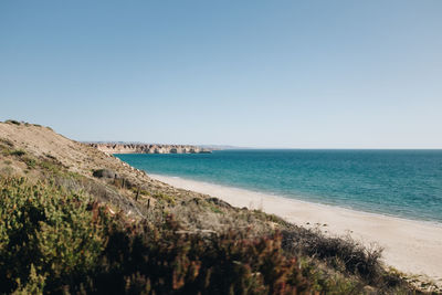 Scenic view of beach against clear sky