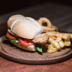 Close-up of burger in plate on table