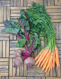 High angle view of vegetables on wood