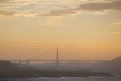 View of suspension bridge against cloudy sky