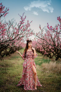 Woman standing by pink flower tree on field against sky