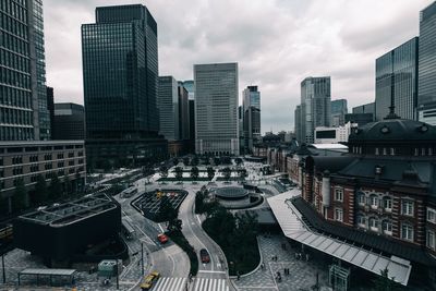 High angle view of buildings against sky
