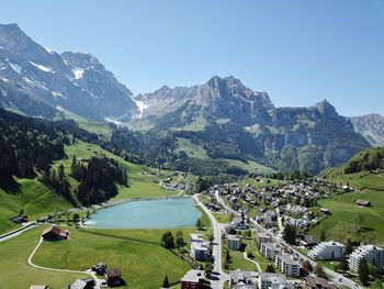 High angle view of mountain range against sky