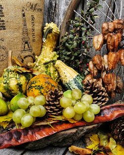 High angle view of fruits in basket on table