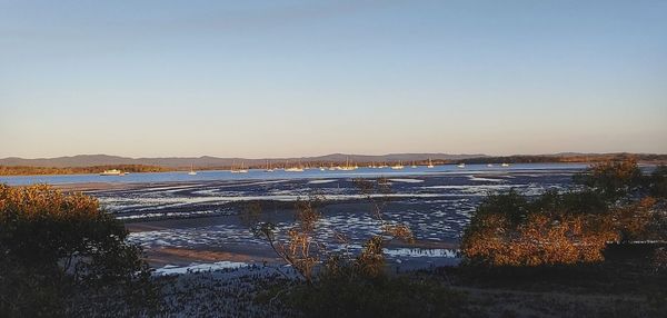 Scenic view of lake against clear sky during winter