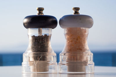 Close-up of beer glass on table