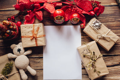 High angle view of christmas decorations on table