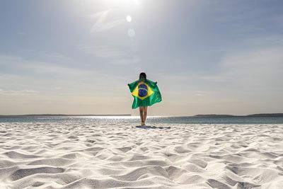 Rear view of man standing on beach against sky