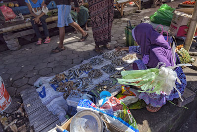 High angle view of people on street