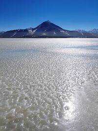 Scenic view of snowcapped mountains against clear sky