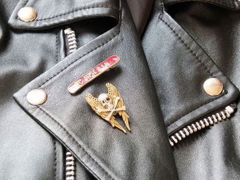 Close-up of black leather jacket