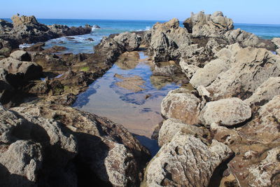 Rocks on beach against sky