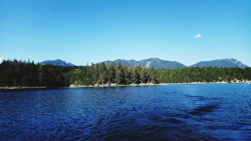 Scenic view of lake against blue sky