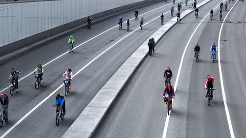 People riding bicycles on road in city