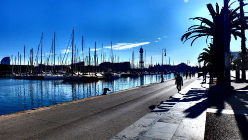 Boats moored at harbor against sky