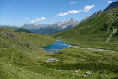Scenic view of landscape and mountains against sky