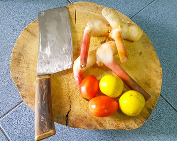 High angle view of fruits in plate on table