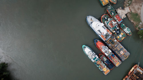 High angle view of boat floating on river