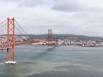 Golden gate bridge in city against cloudy sky