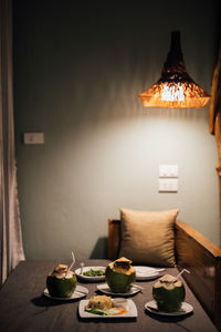 Food on table against wall at home