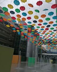 Low angle view of multi colored lanterns hanging on ceiling