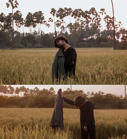 Man and woman standing on field