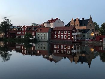 Reflection of buildings on river against sky